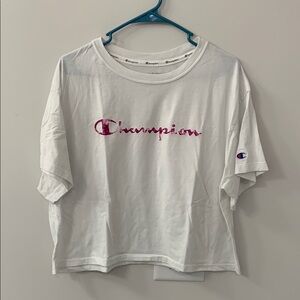 Champion White T-Shirt with Pink Logo